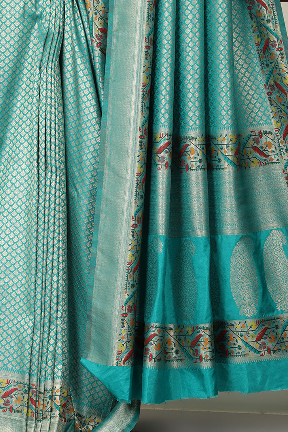 Teal Silk Zari and Resham Woven Paithani Work Saree
