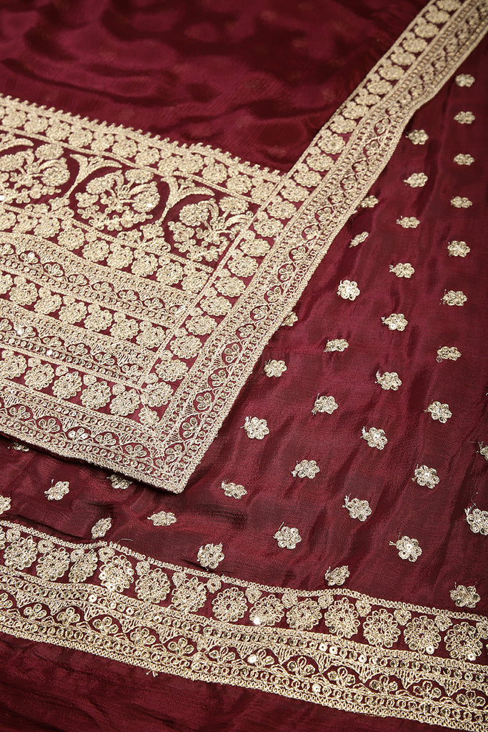 Dark Scarlet Color Crepe Zari Embroidered Saree
