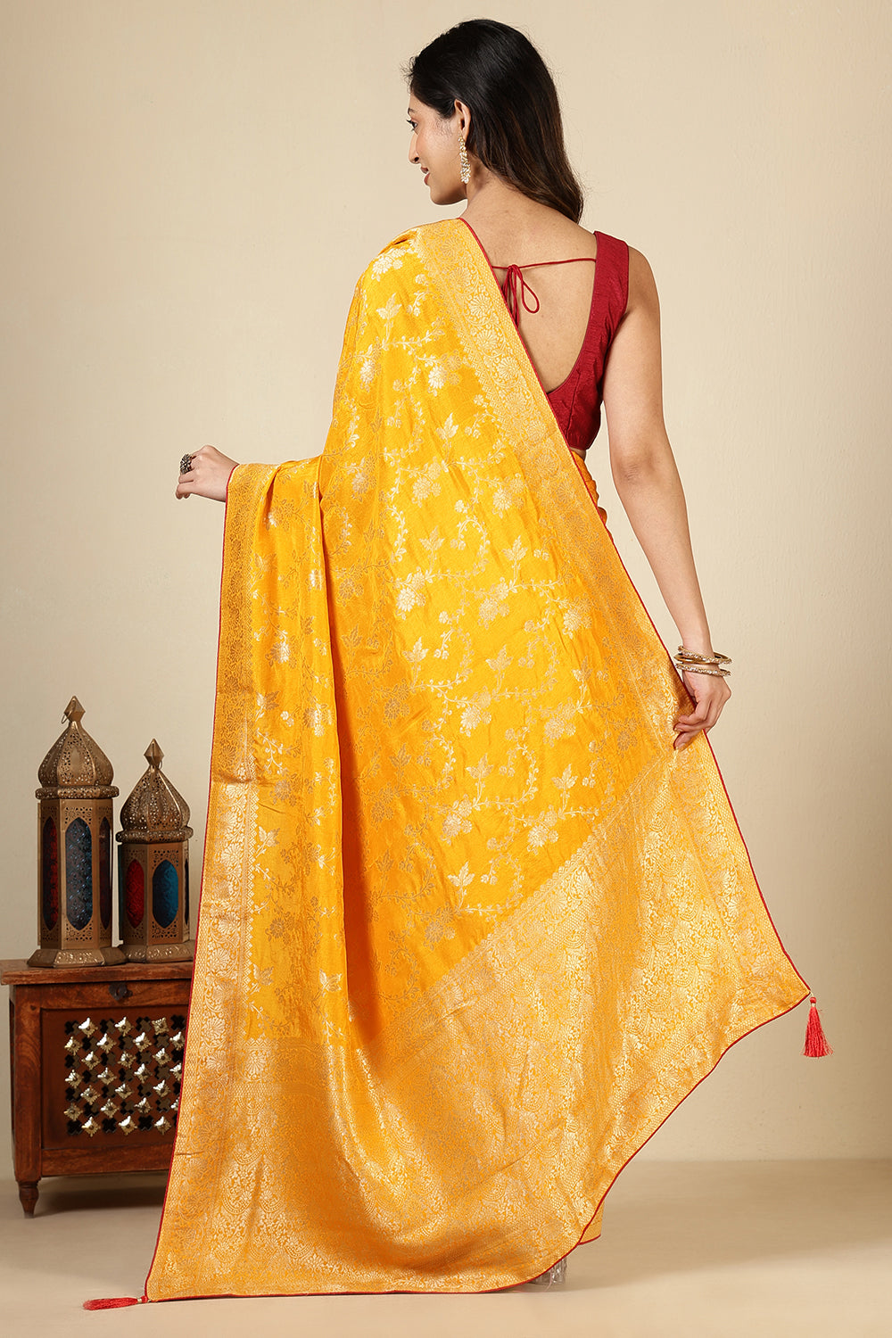 Mustard Banarasi Silk Zari Floral Zaal Woven Saree