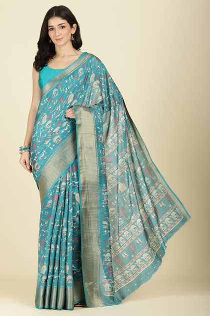 Teal Cotton Silk Printed Saree
