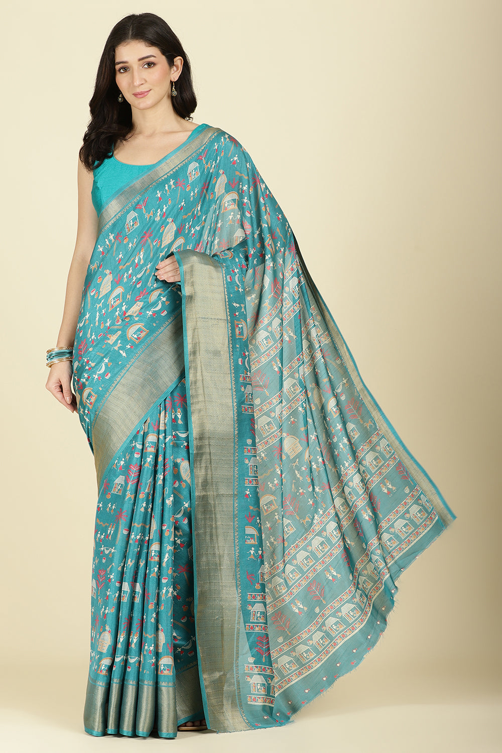 Teal Cotton Silk Printed Saree