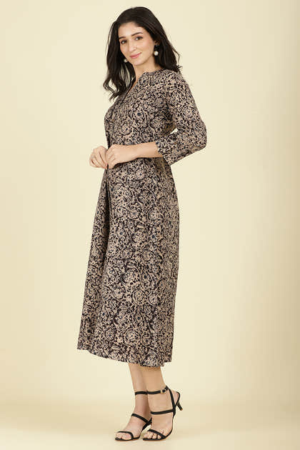Black Cotton Kalamkari Printed Peonies Dress
