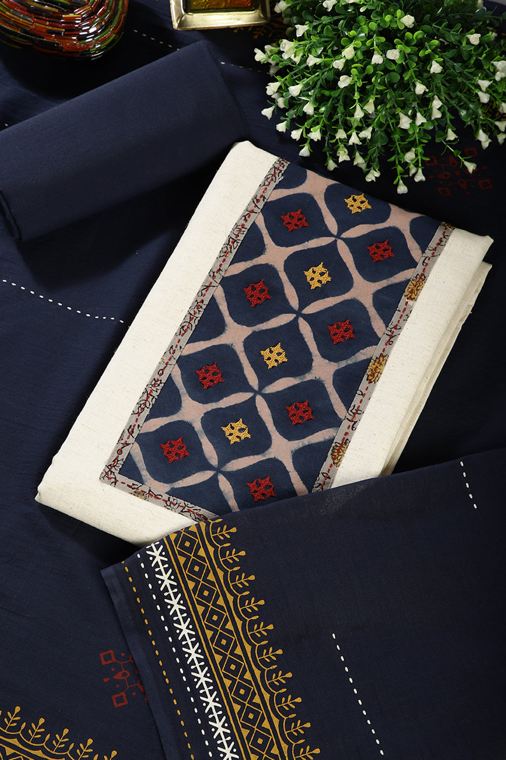Cream & Indigo Color Khadi Cotton Unstitched Suit Material
