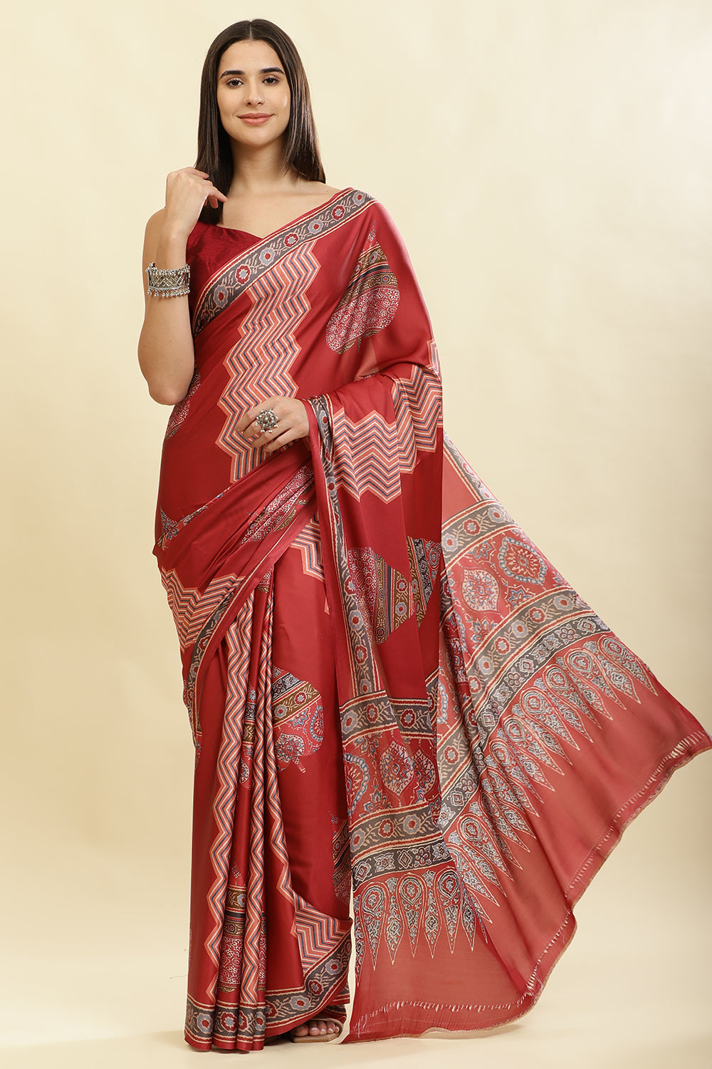 Maroon Crepe Printed Saree
