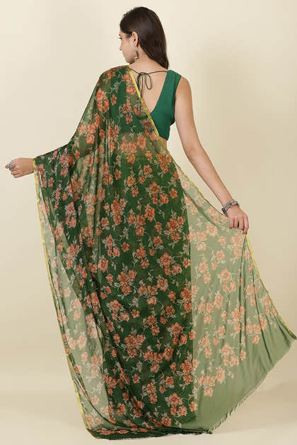 Green Zari Border & Floral Printed Chiffon Saree