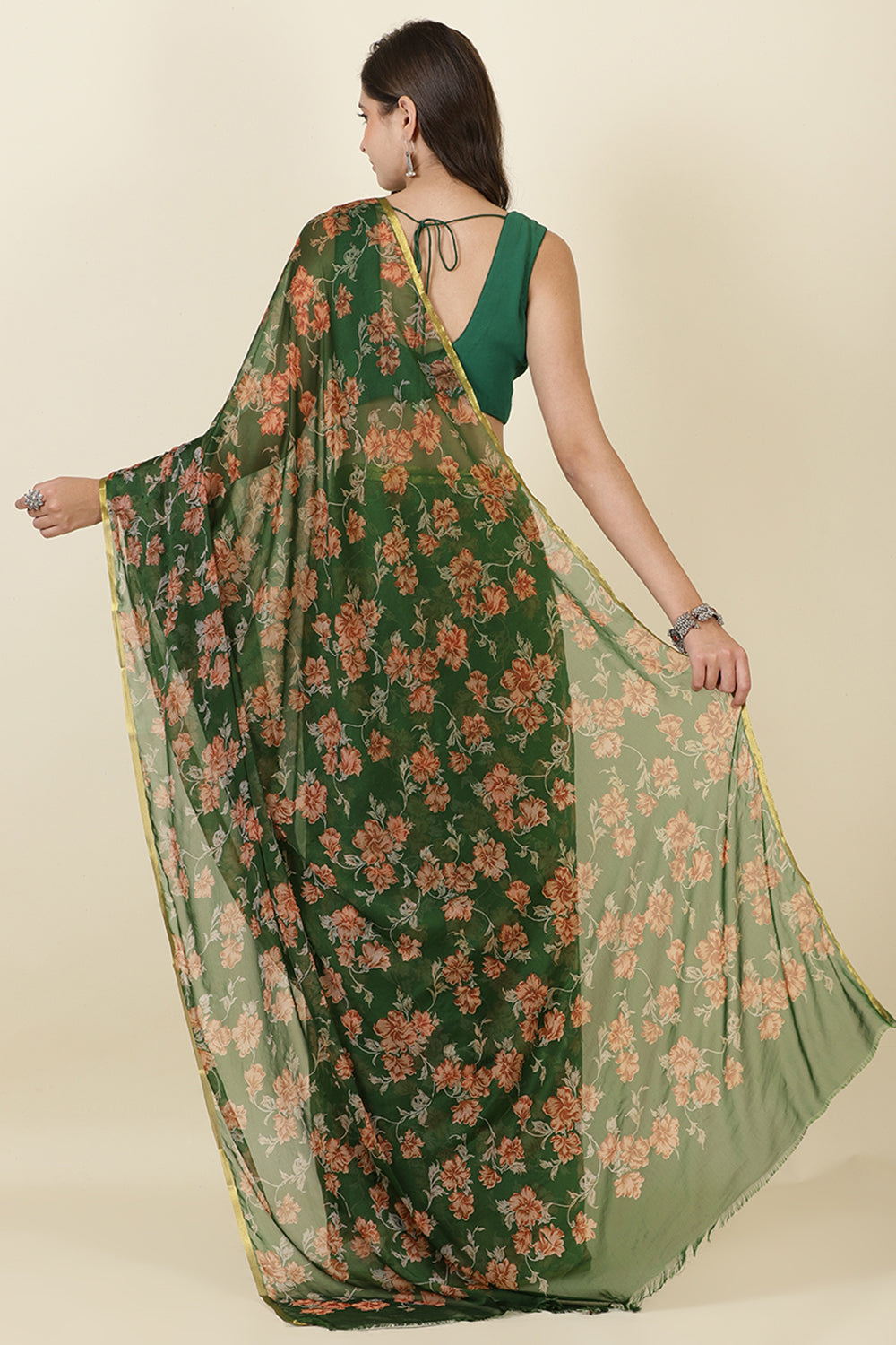 Green Zari Border & Floral Printed Chiffon Saree