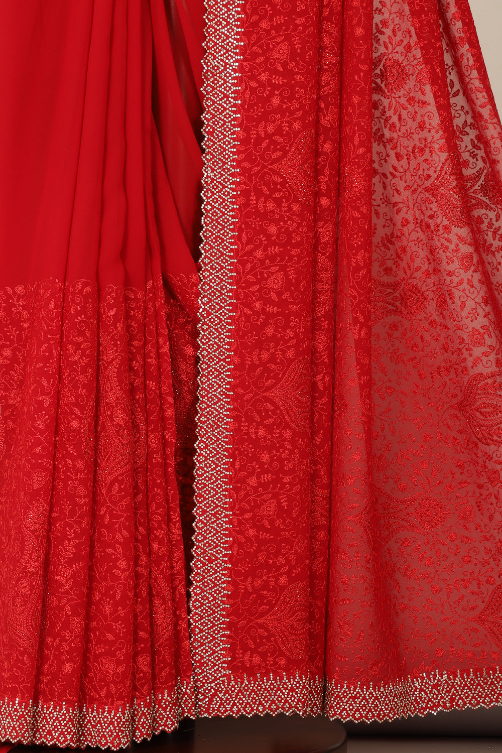 Red Georgette Resham Floral Jal Woven And Swarovski Work Saree
