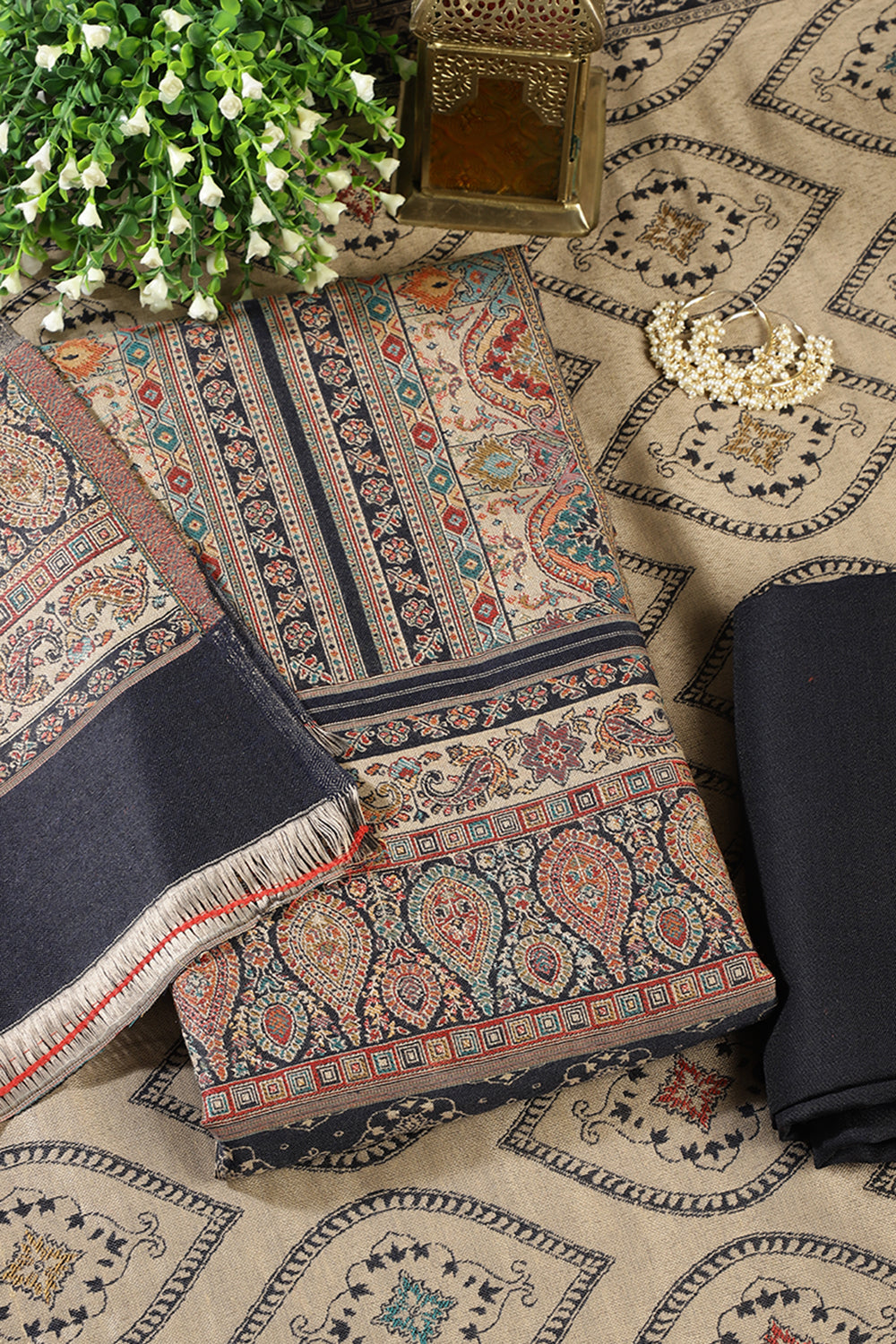 Navy Pashmina Digital Printed Unstitched Suit Fabric