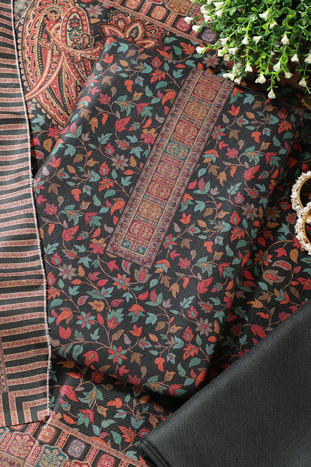 Bottle Green Pashmina Floral Printed Unstitched Suit Fabric