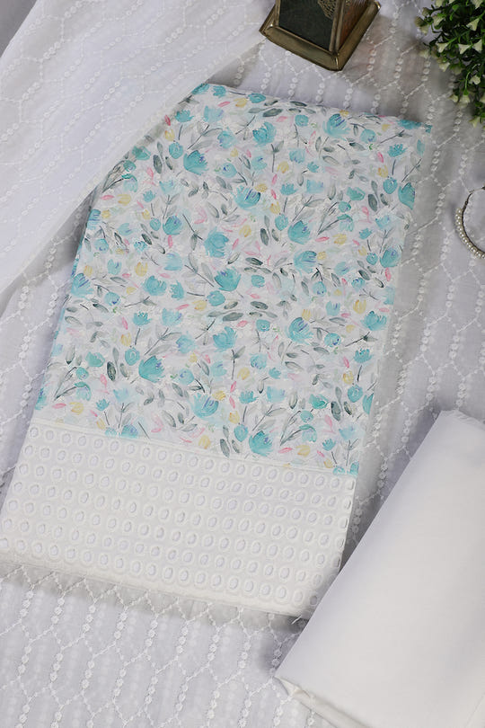 White & Blue Cotton Floral Printed and Resham Embroidered Unstitched Suit Material