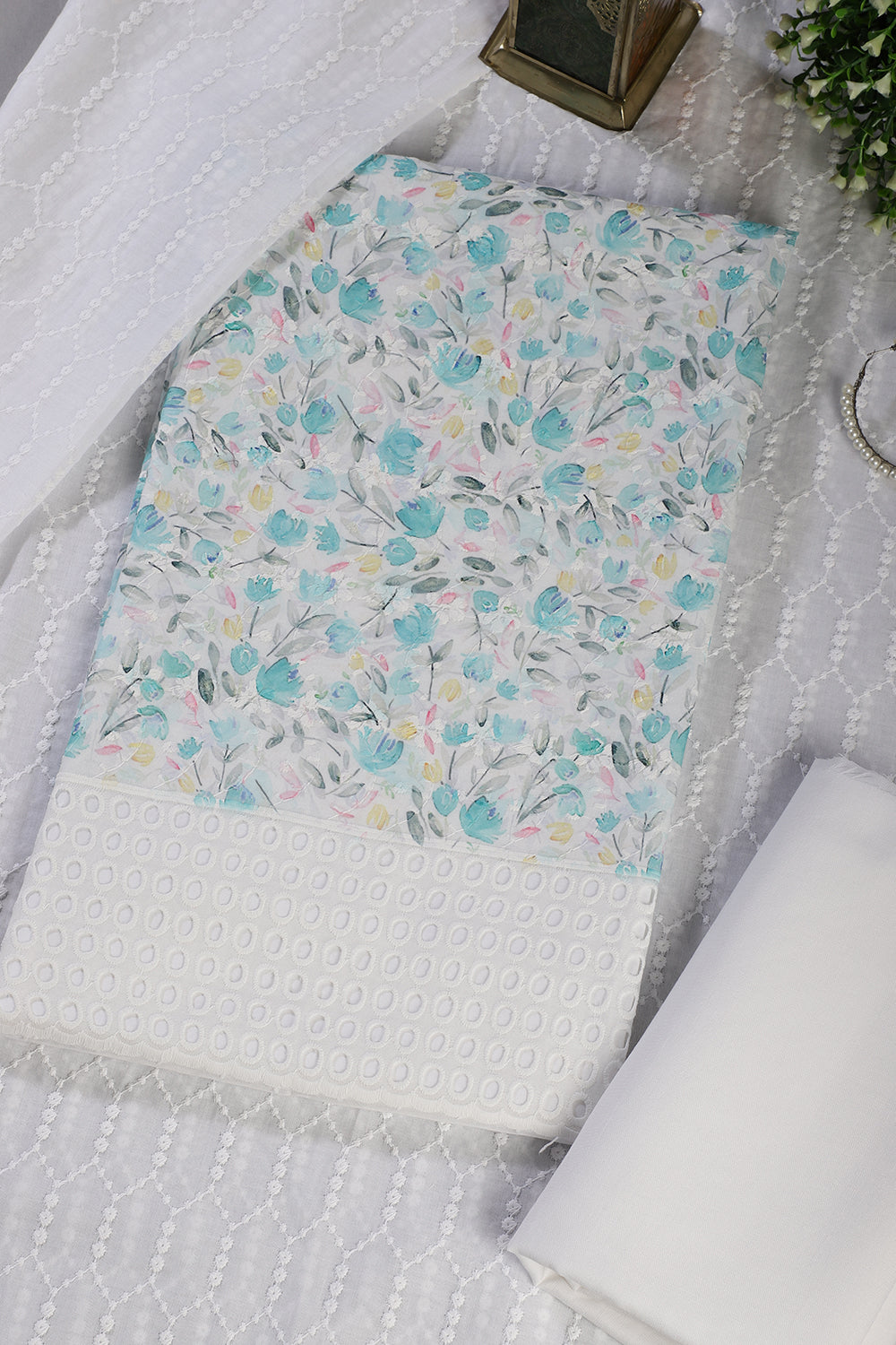White & Blue Cotton Floral Printed and Resham Embroidered Unstitched Suit Material