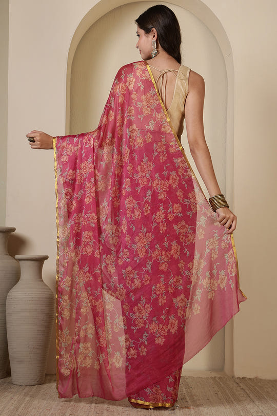Taffy Pink Chiffon Floral Zari Border & Floral Printed Saree
