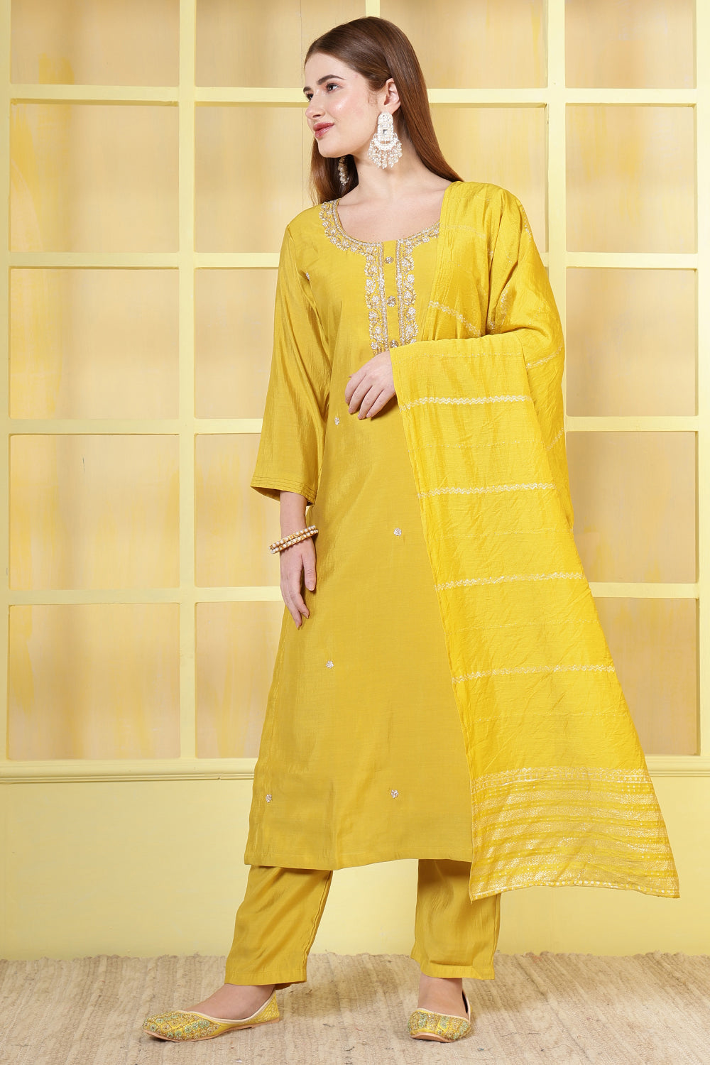 Mustard Silk Cut-Dana And Pearl Embroidered Suits