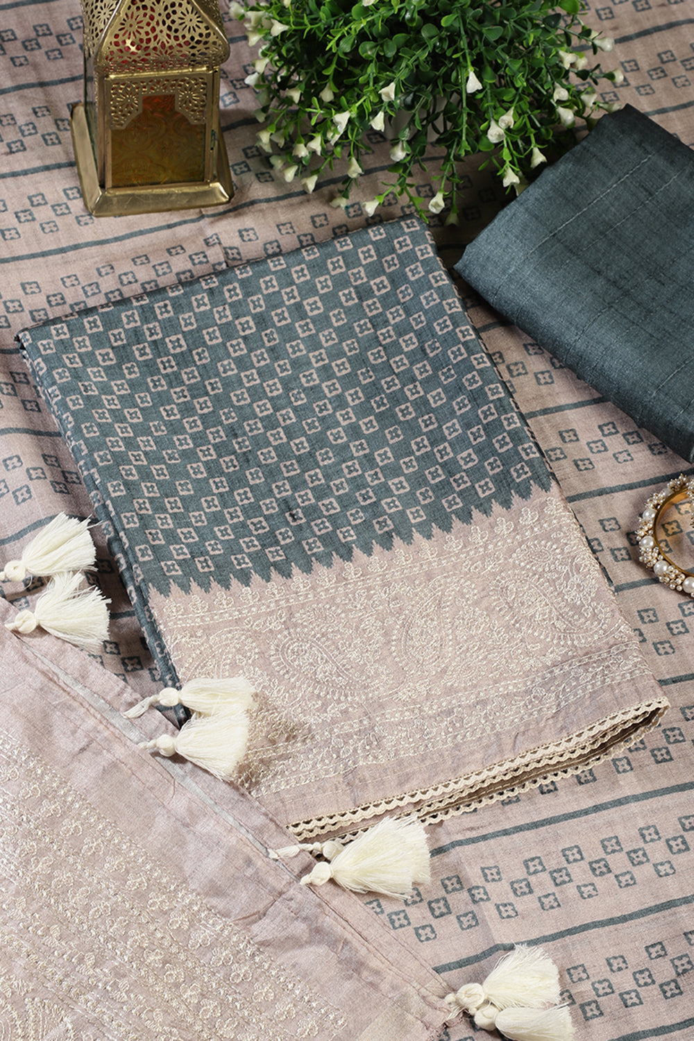 Mint Green Tussar Cotton Printed And Reham Embroidered Unstiched Suit Material