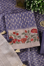 Voilet Tussar Cotton Printed And Floral Embroidered Unstiched Suit Material