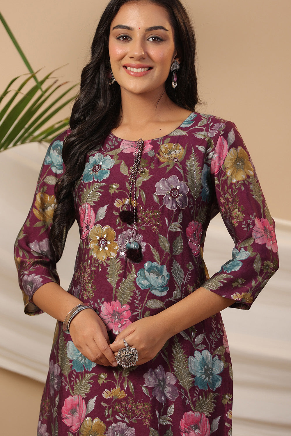 Dark Scarlet Color Cotton Floral Printed Long Kurta Set