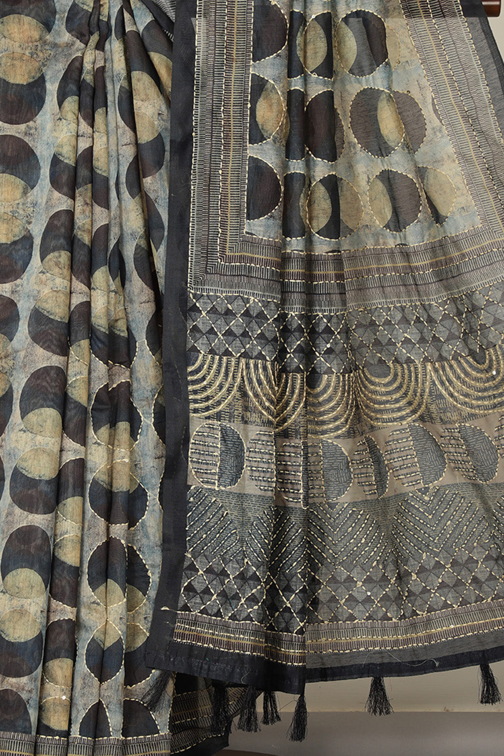Black & Navy Cotton Block Printed Saree