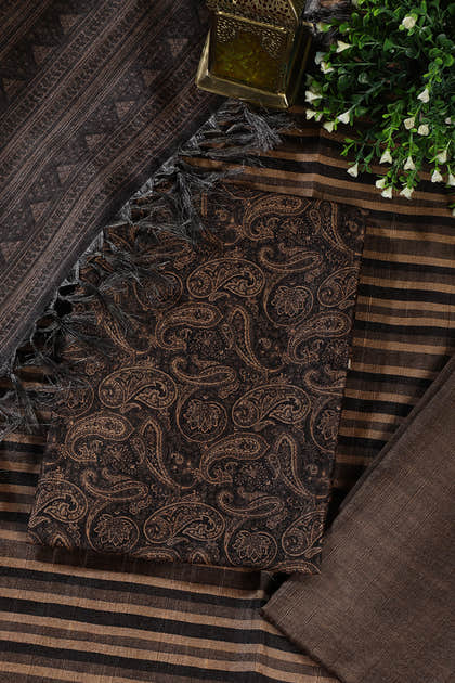 Pale Brown & Black Digital Printed Chanderi Cotton Unstiched Suit Material