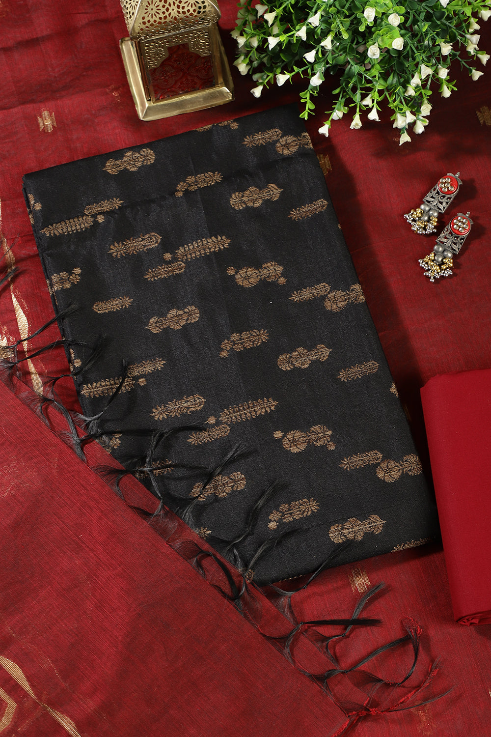 Black Chanderi Silk Woven Unstitched Suit