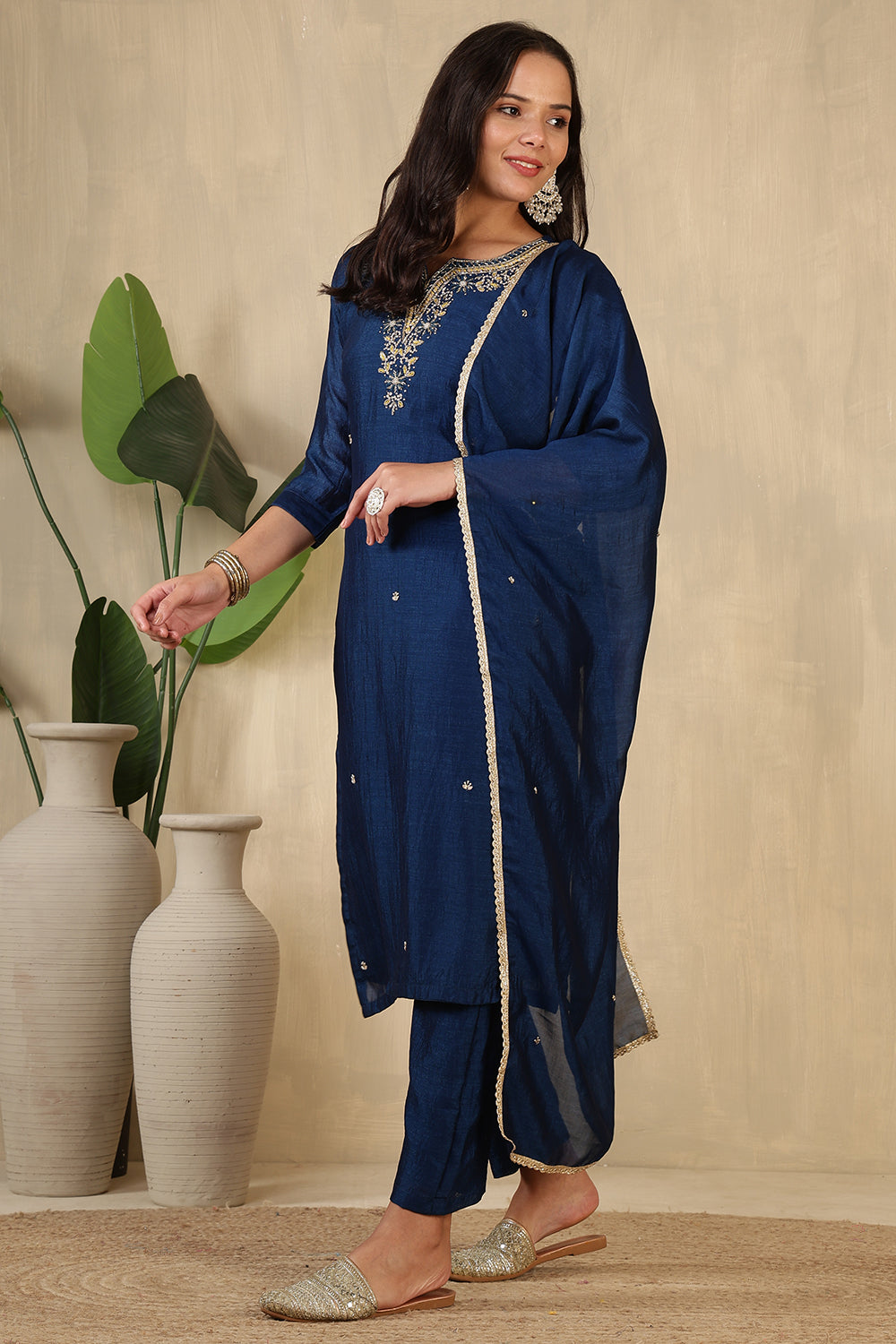 Navy Crepe Silk Neck Embroidered Suit