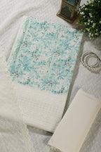 Cream & Teal Cotton Chikankari Work Floral Printed Unstitched Suit