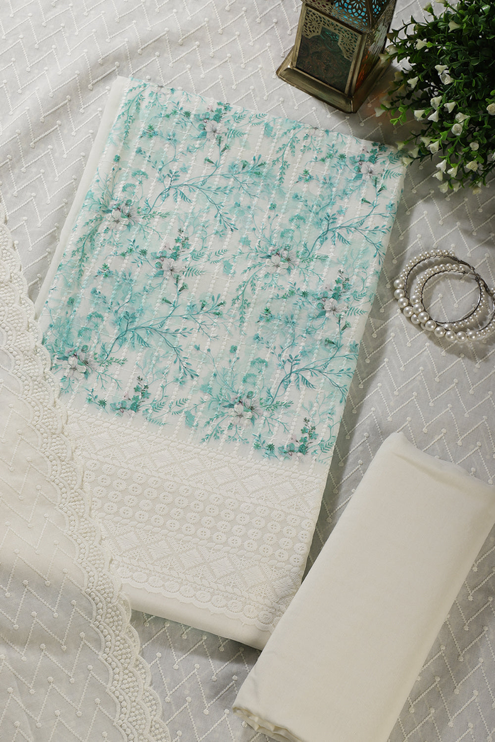 Cream & Teal Cotton Chikankari Work Floral Printed Unstitched Suit