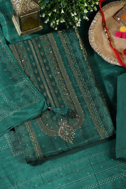 Green Silk Zari Woven And Bandhani Printed Unstitched Suit Fabric