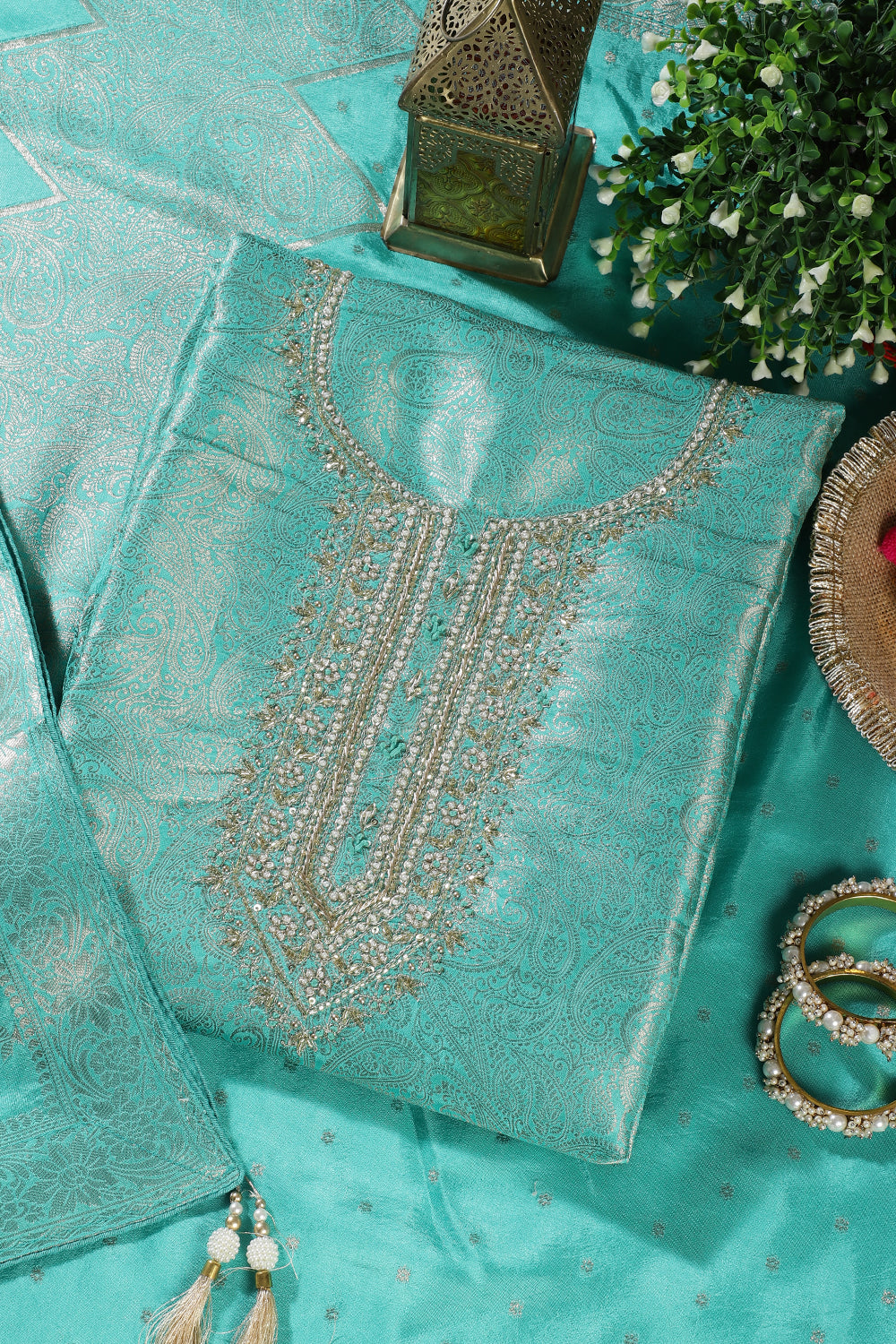 Turquoise Silk Zari Woven And Embroidered Unstitched Suit Material