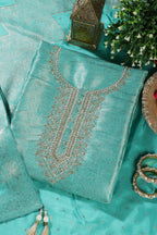 Turquoise Silk Zari Woven And Embroidered Unstitched Suit Material