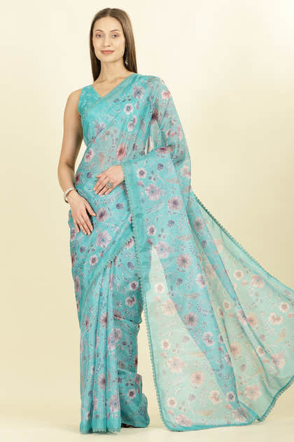 Sea Green Organza Floral Printed And Lace Work Saree