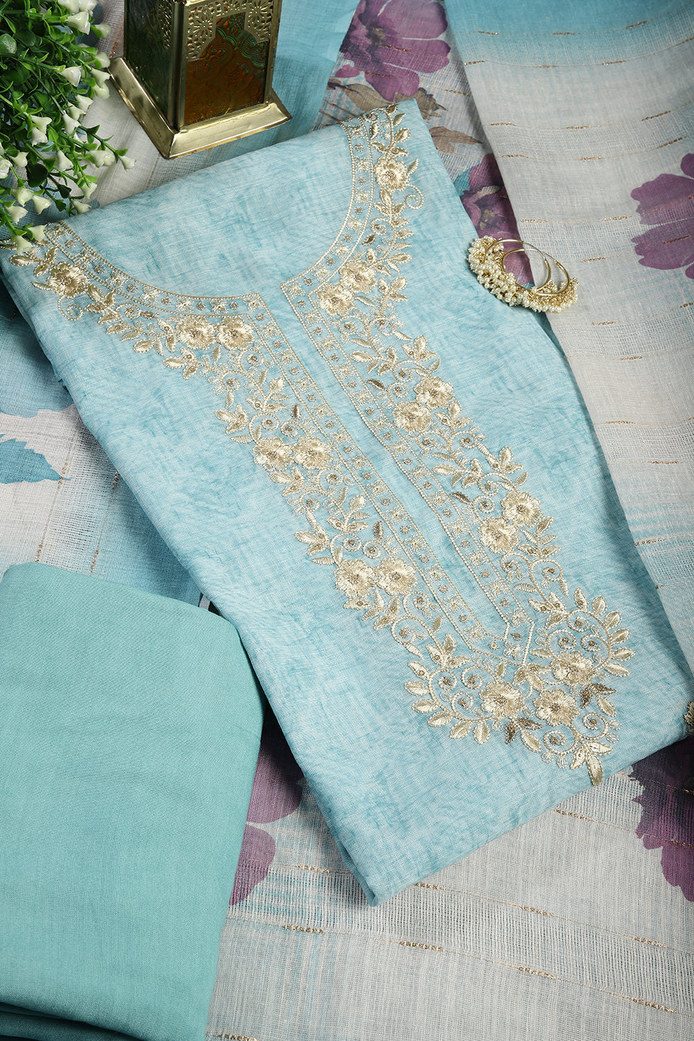 Firozi Color Linen Cotton Embroidery Unstitched Suit Material