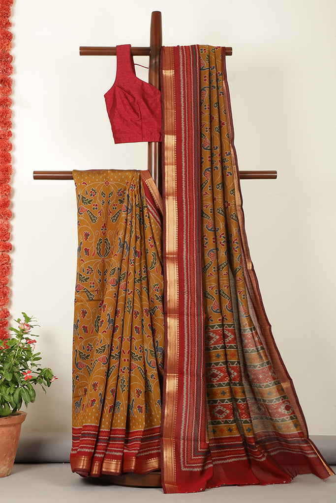 Mustard Kalamkari Printed Cotton Saree