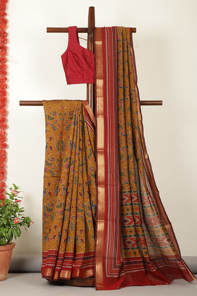Mustard Kalamkari Printed Cotton Saree