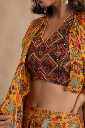 Mustard Green Colour Chinon Embroidered Crop-Top and Printed Palazzo Set With Shrugs