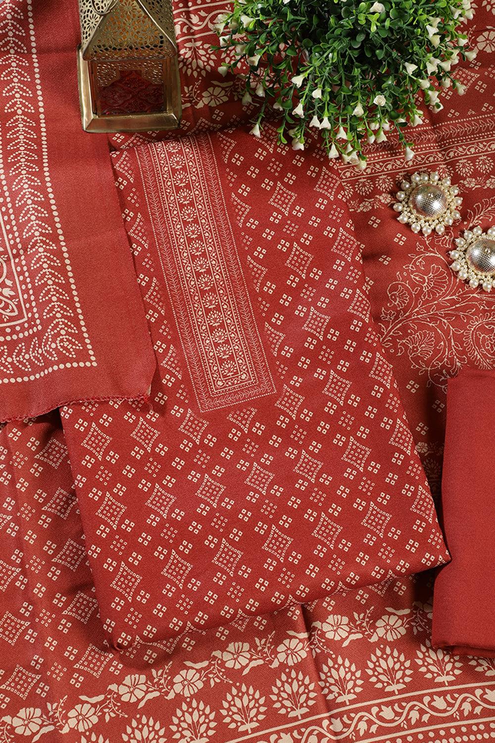 Maroon Printed Pashmina Unstitched Suit Fabric