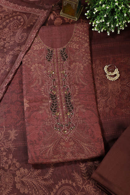 Brown Spun Floral Printed Unstitched Suit Fabric