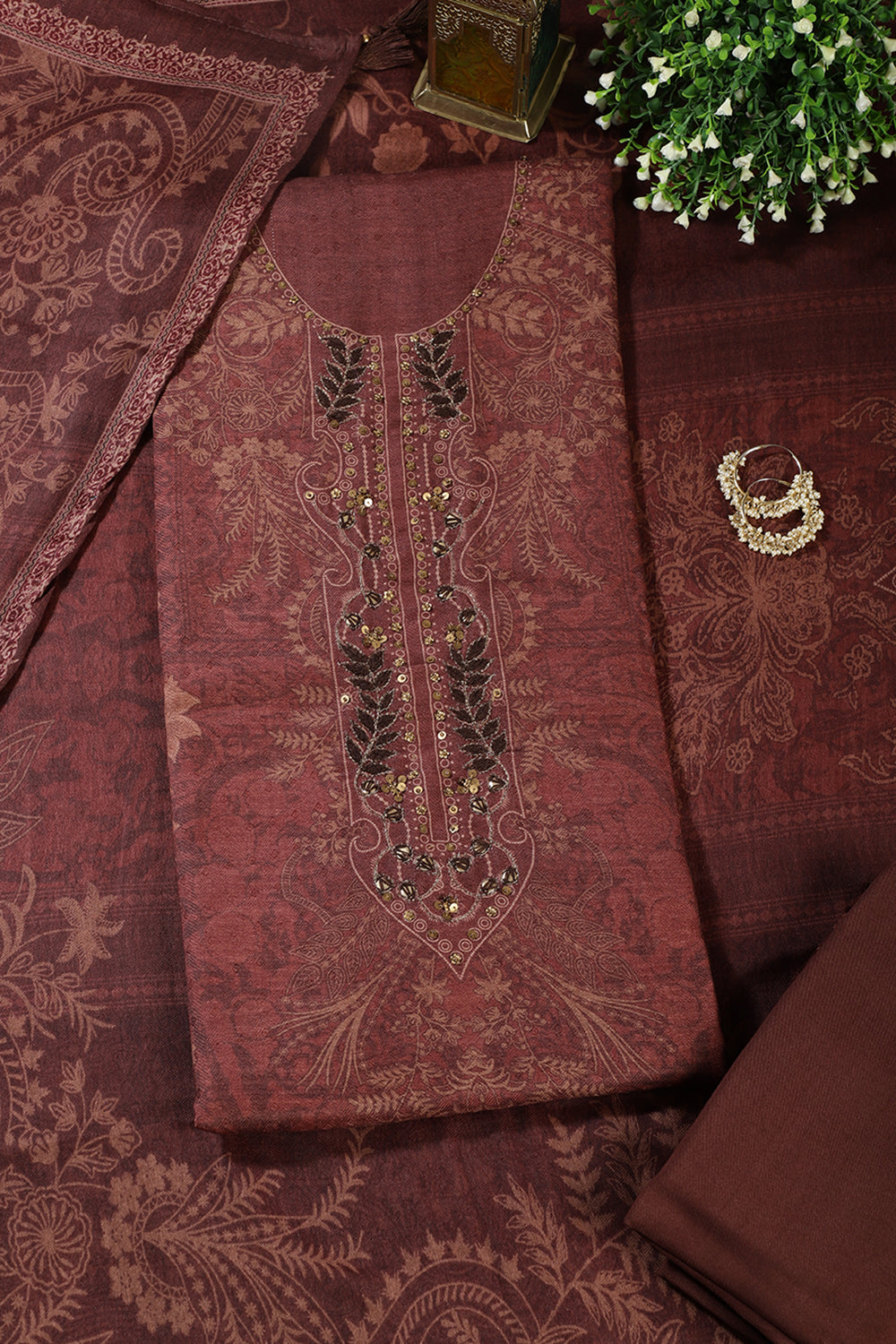 Brown Spun Floral Printed Unstitched Suit Fabric