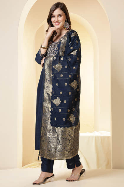 Wine Color Silk Suit Set With Neck Embroidered
