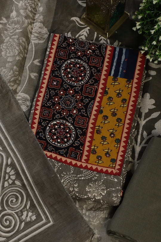 Greyish Green Cotton Printed and Mirror Work Unstitched Suit Material