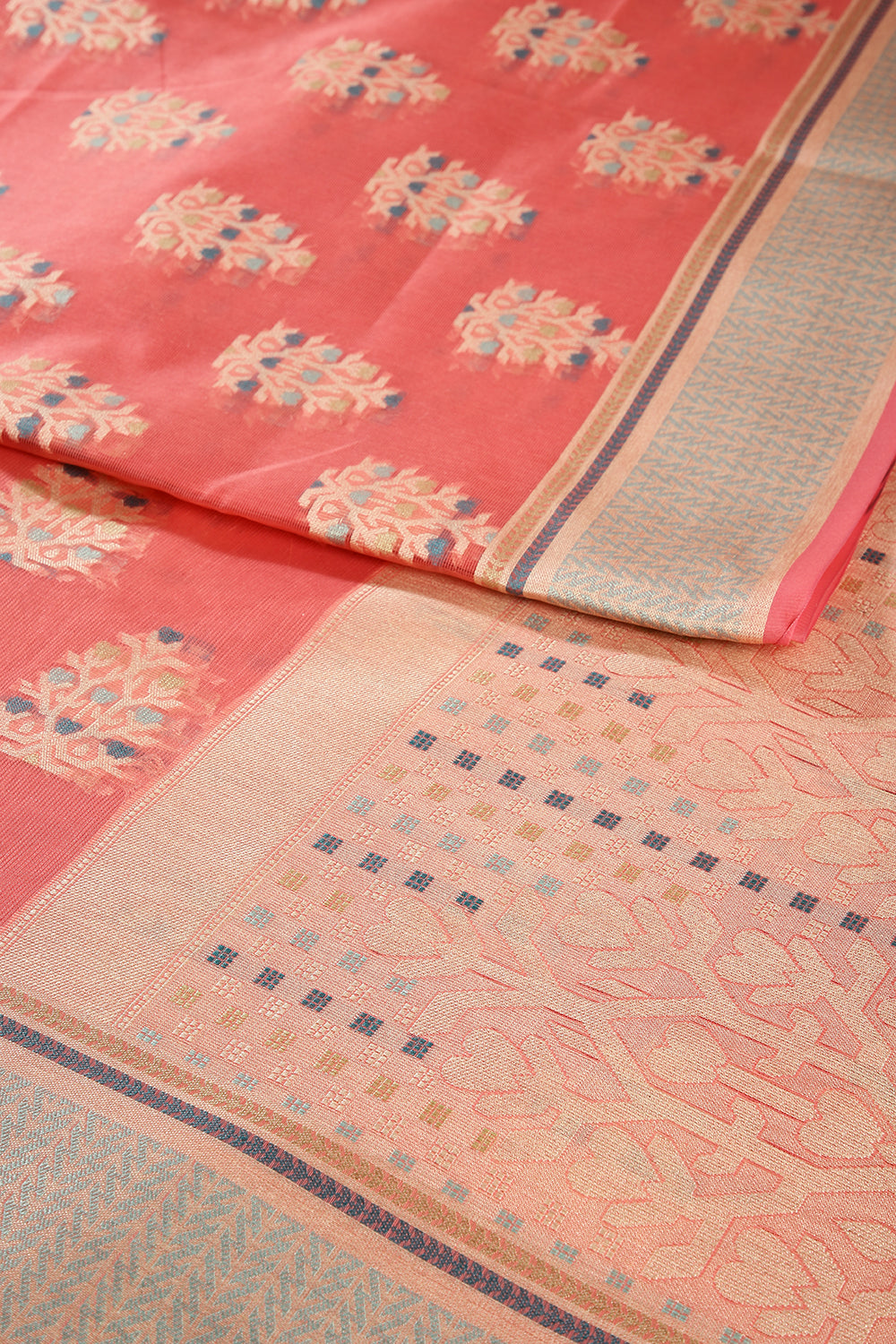 Coral Color Supernet Cotton Woven Saree