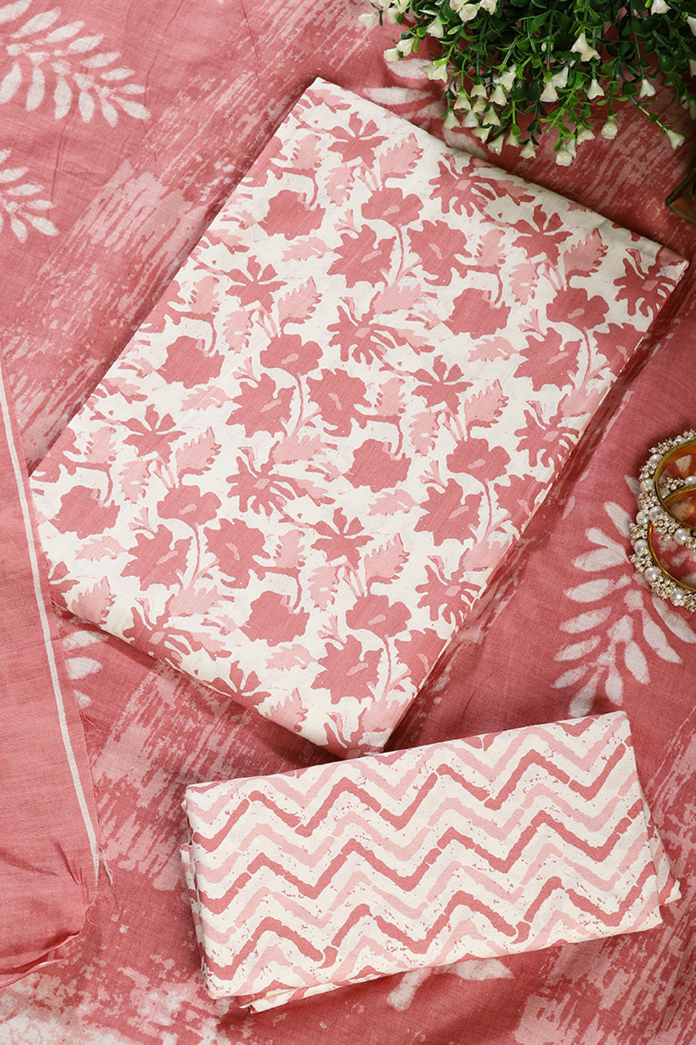 Pink Color Cotton Printed Unstitched Suit