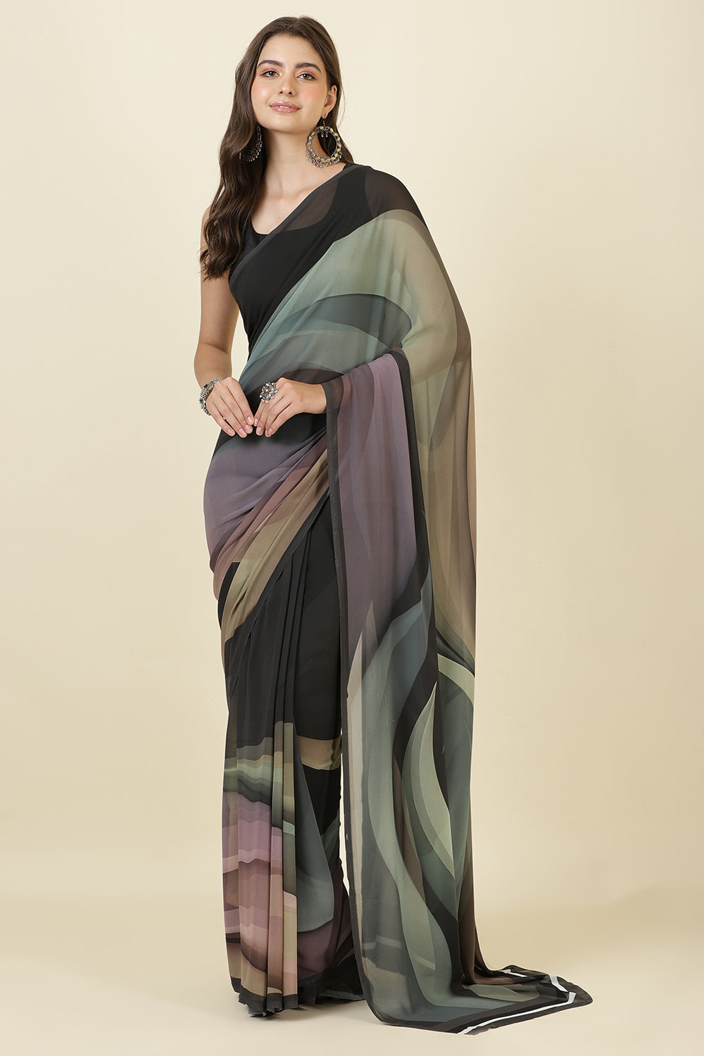 Grey Printed Georgette Saree