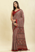Maroon Cotton Silk Ajrakh Block Printed Saree