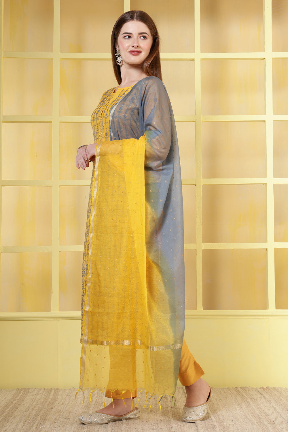 Mustard Chanderi Cotton Resham Embroidered Suit