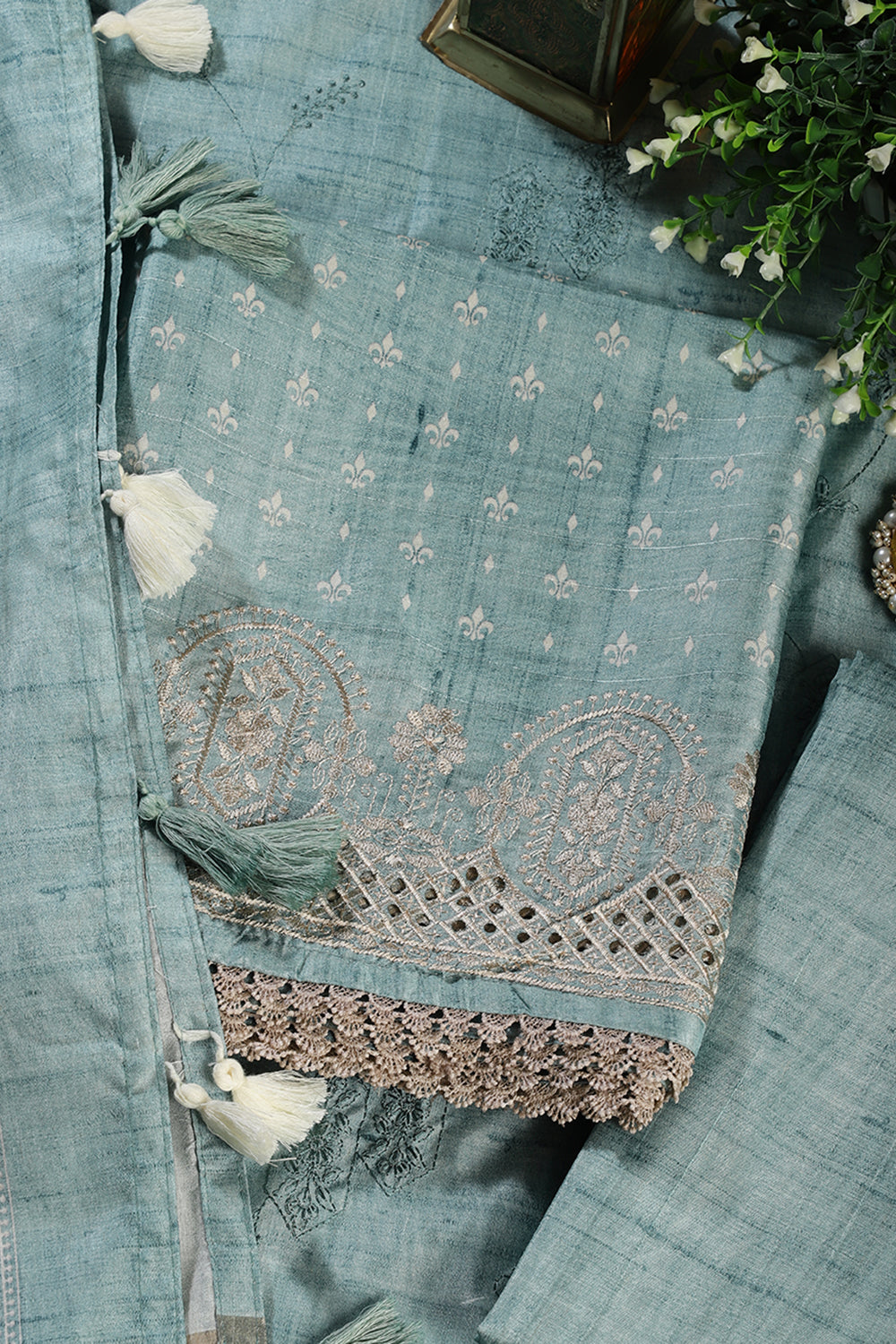 Sea Green Tussar Cotton Printed And Reham Embroidered Unstiched Suit Material