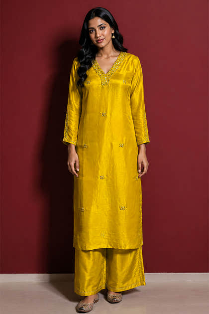Mehandi Green Embroidered Silk Straight Suit