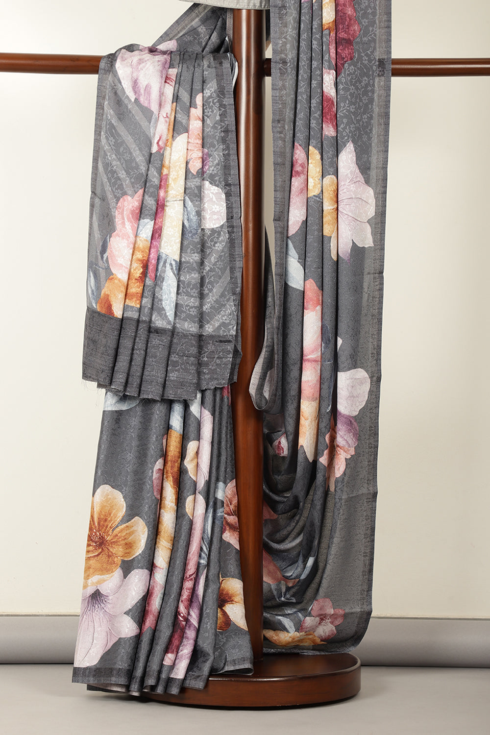 Grey Printed Jacquard Silk Saree