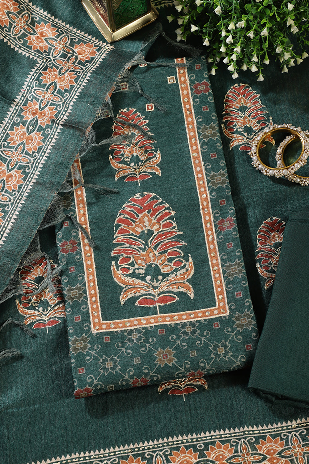Green Tussar Silk Printed Unstitched Suit Material