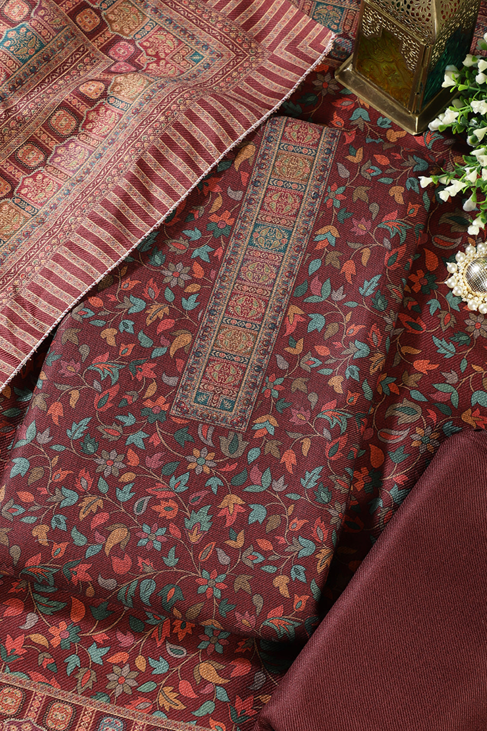 Dark Scarlet Pashmina Floral Printed Unstitched Suit Fabric