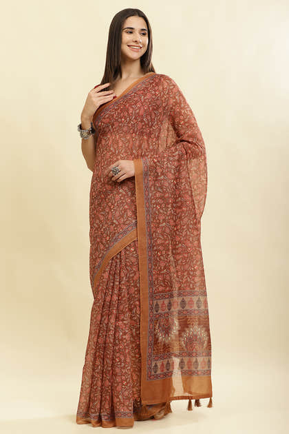 Brown Floral Printed Cotton Silk Saree